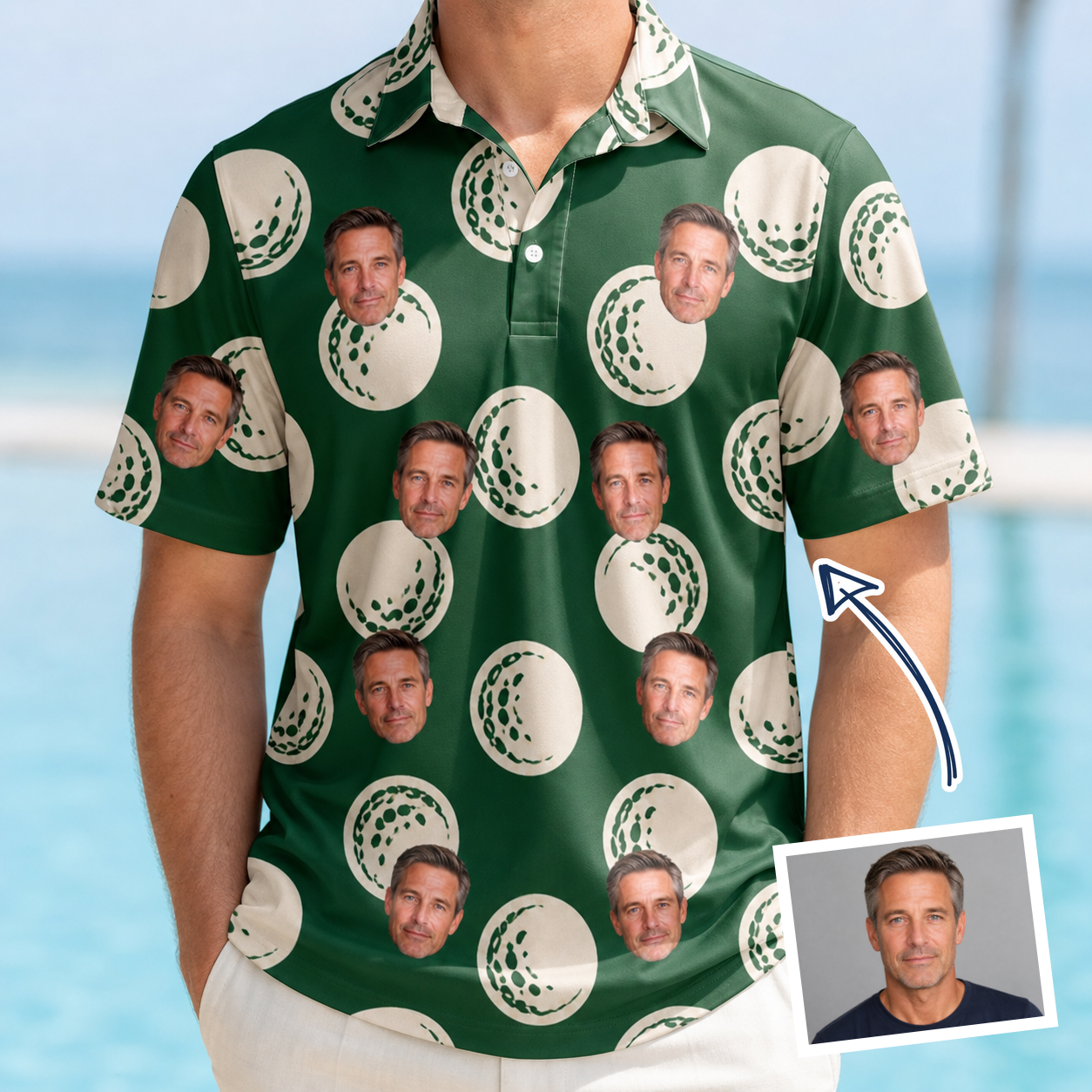 Man wearing Men's Birdie Bouncers Custom Face Polo Shirt — custom faces printed all-over