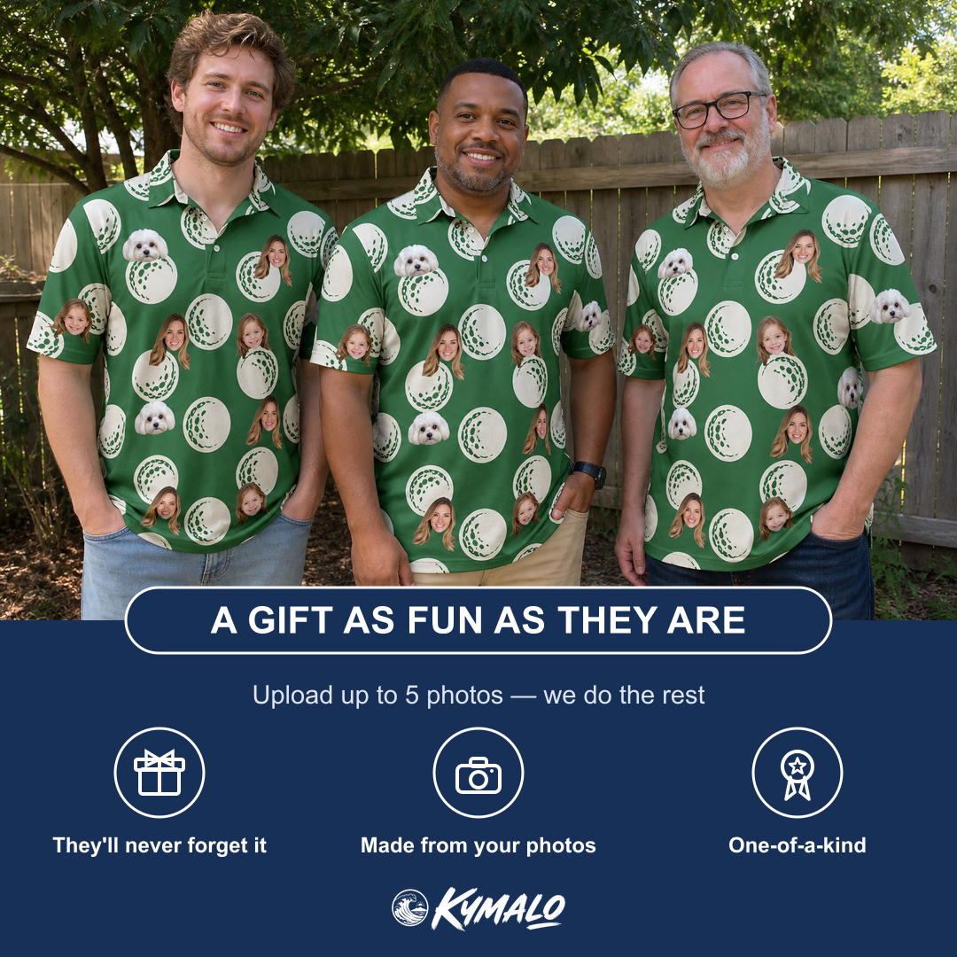Friends in matching Men's Birdie Bouncers Custom Face Polo Shirt — a group gift photo