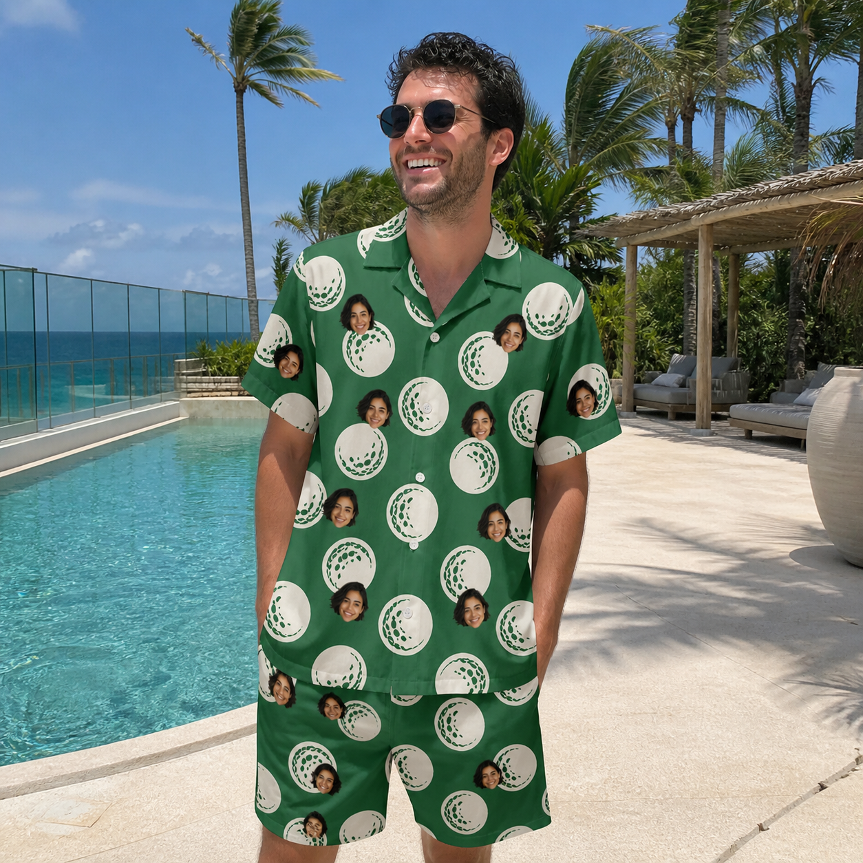 Real-life photo of someone wearing Men's Birdie Bouncers Custom Face Shirt & Shorts Set — custom faces printed all-over