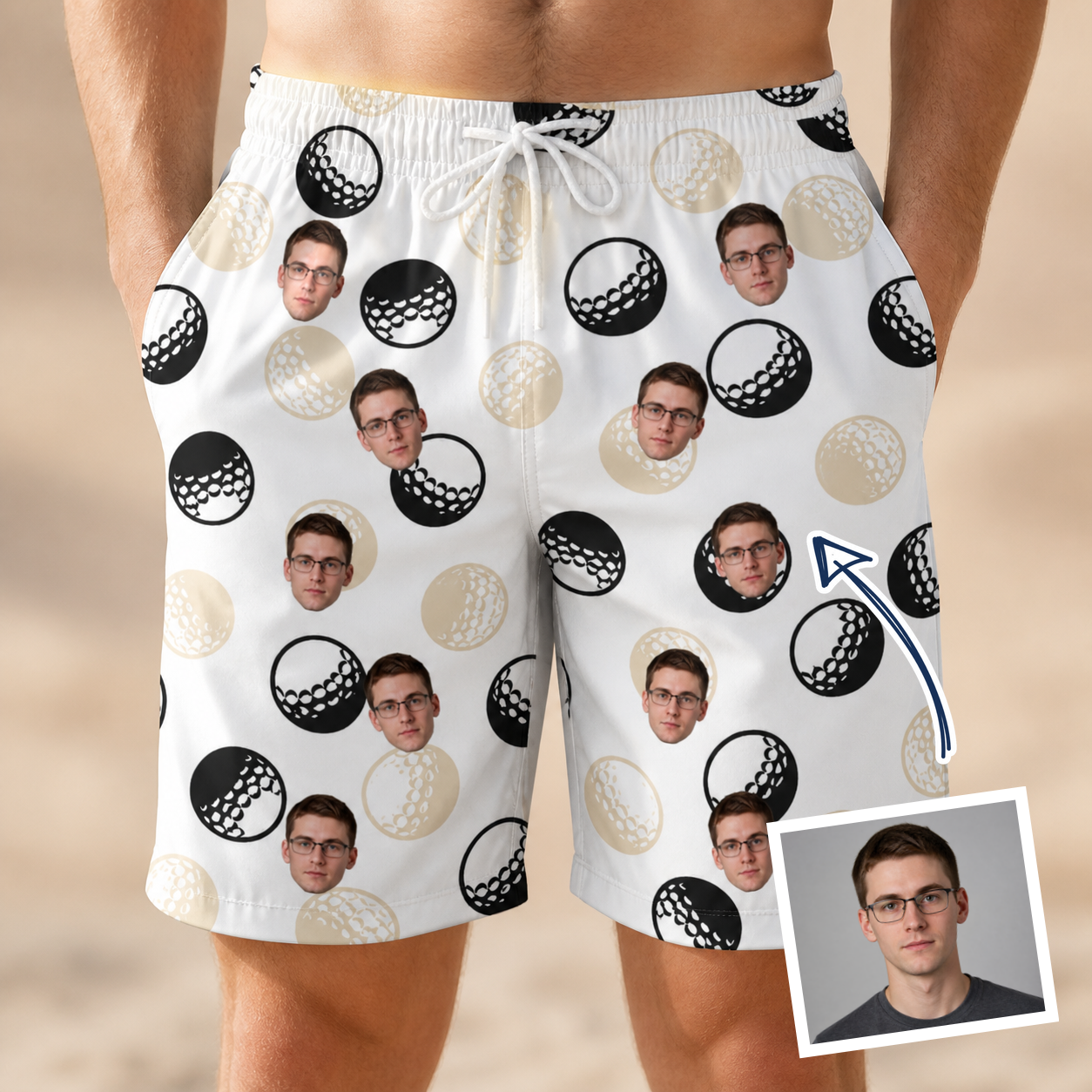 Man wearing Men's Dimple Dash Custom Face Beach Shorts — custom faces printed all-over