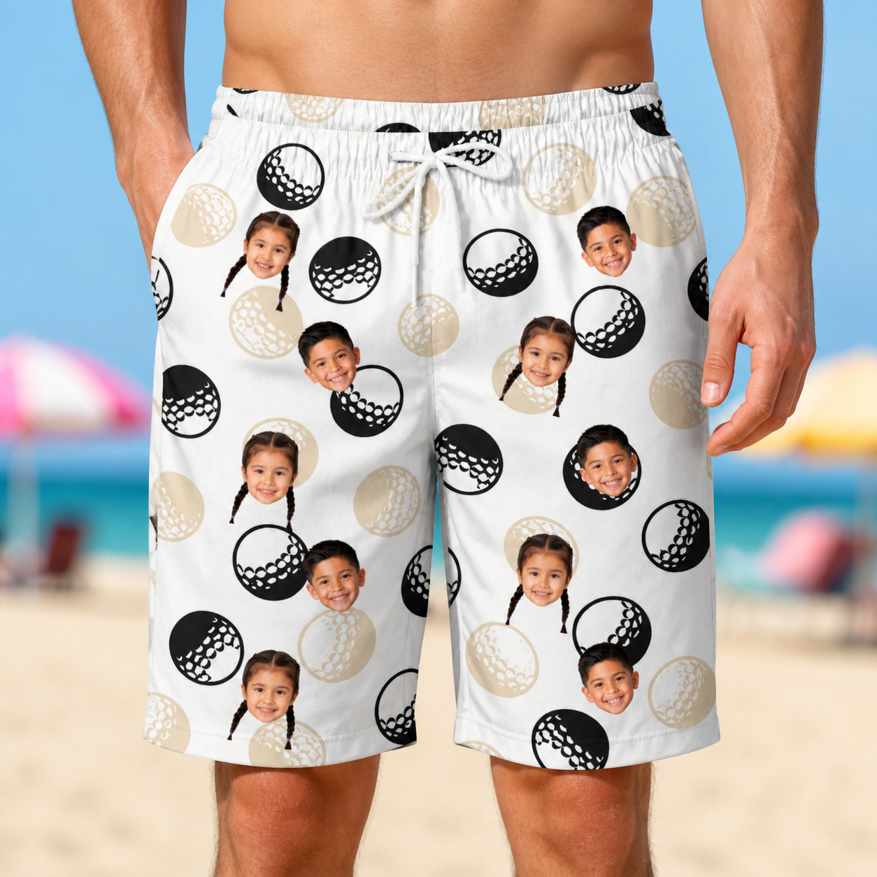Model wearing Men's Dimple Dash Custom Face Beach Shorts printed with kids' faces