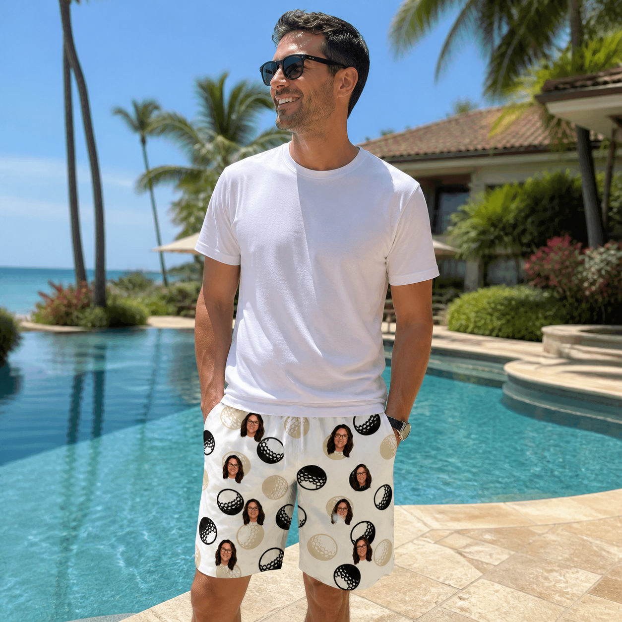 Real-life photo of someone wearing Men's Dimple Dash Custom Face Beach Shorts — custom faces printed all-over