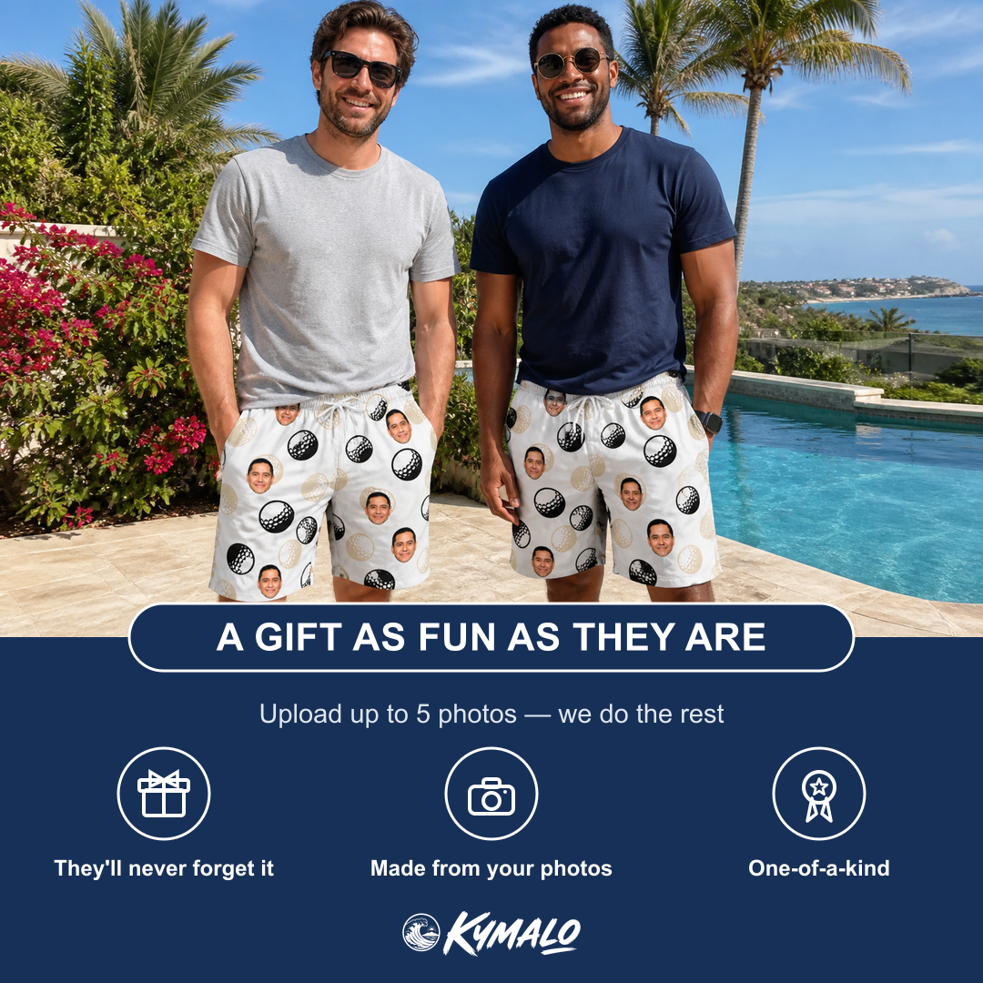 Friends in matching Men's Dimple Dash Custom Face Beach Shorts — a group gift photo