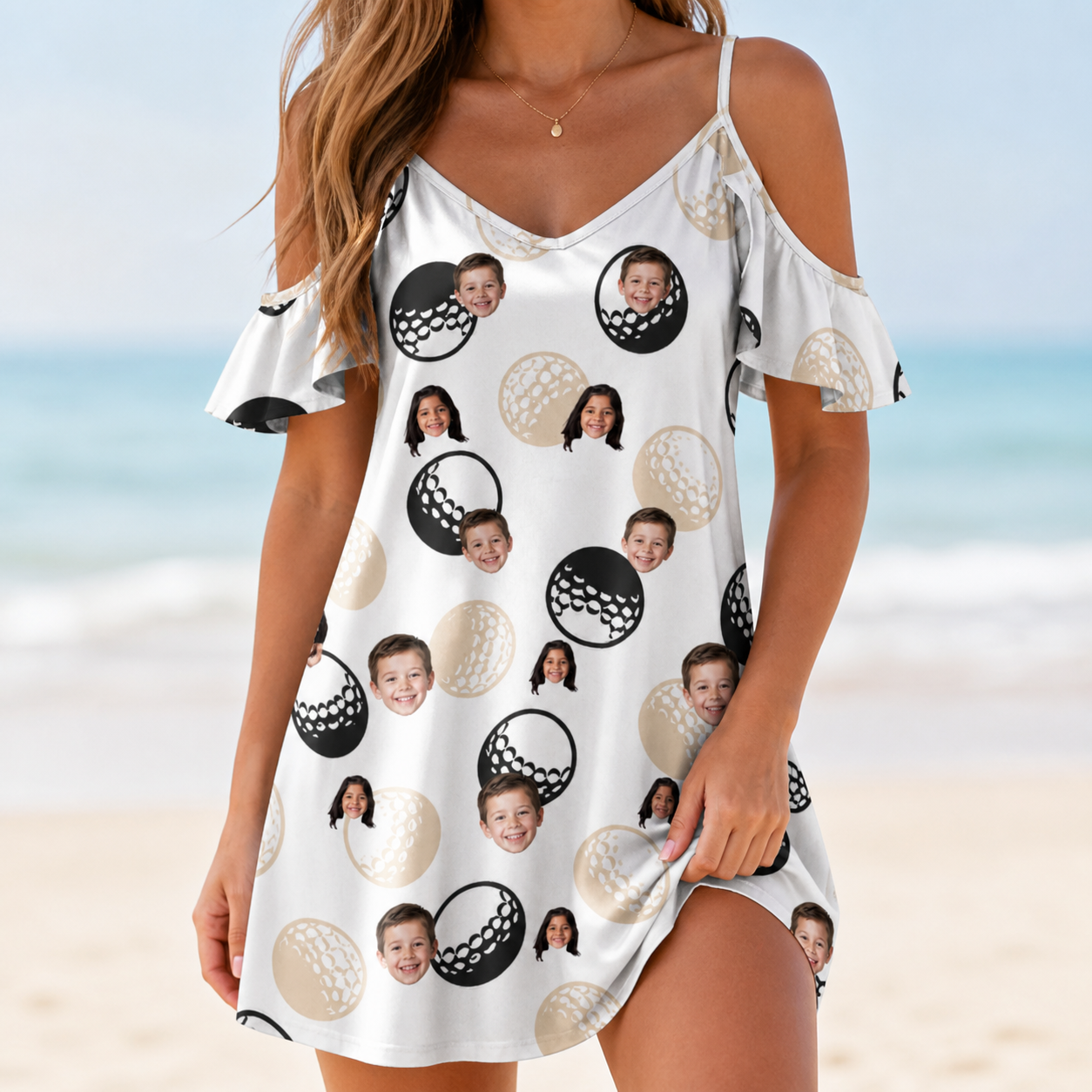 Model wearing Women's Dimple Dash Custom Face Off-Shoulder Dress printed with kids' faces
