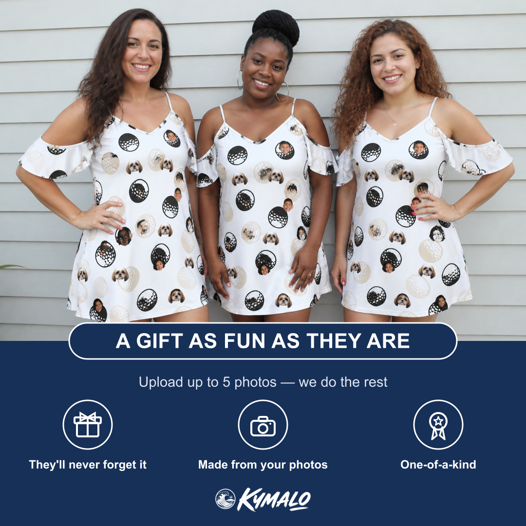 Friends in matching Women's Dimple Dash Custom Face Off-Shoulder Dress — a group gift photo