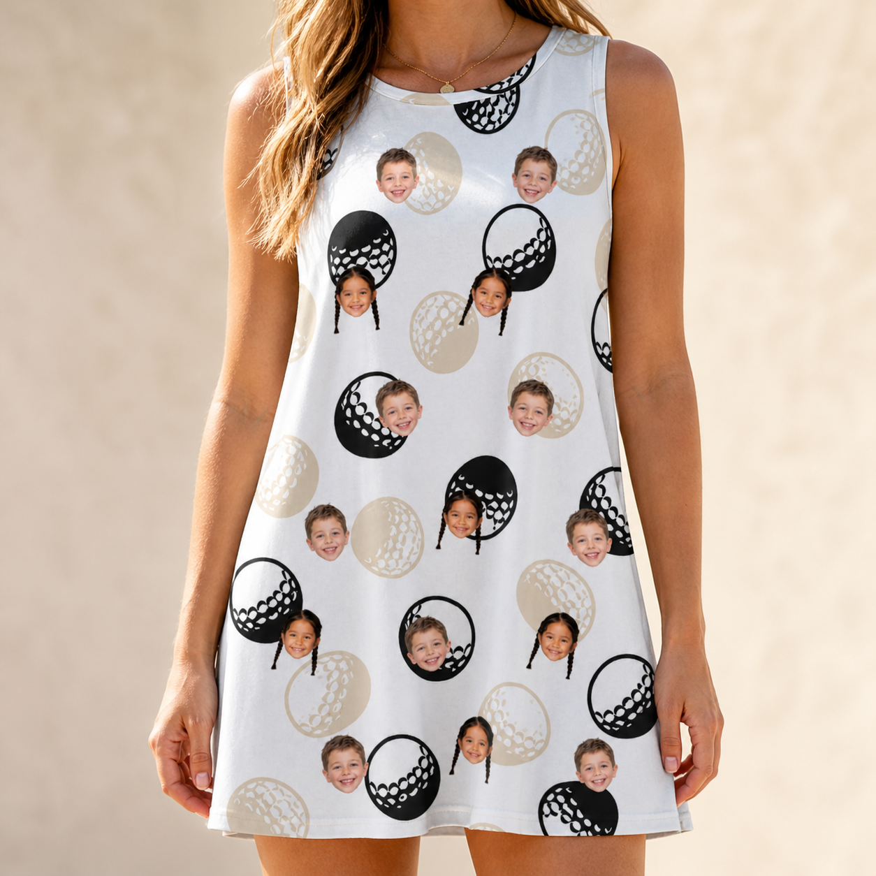 Model wearing Women's Dimple Dash Custom Face Tank Dress printed with kids' faces
