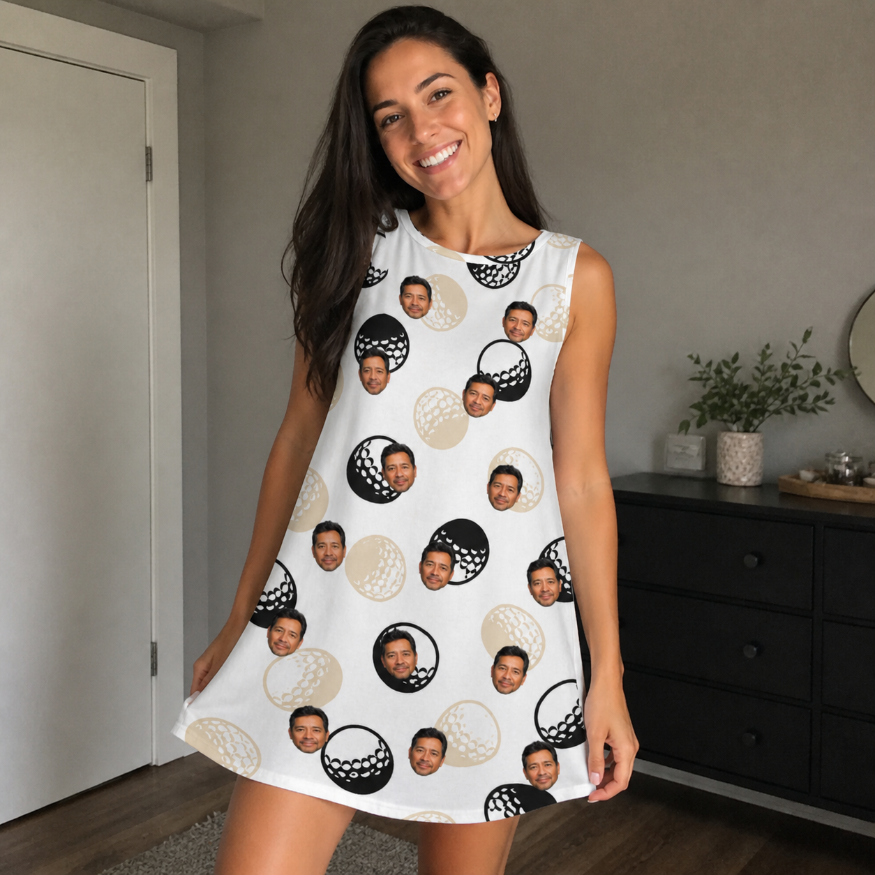 Real-life photo of someone wearing Women's Dimple Dash Custom Face Tank Dress — custom faces printed all-over