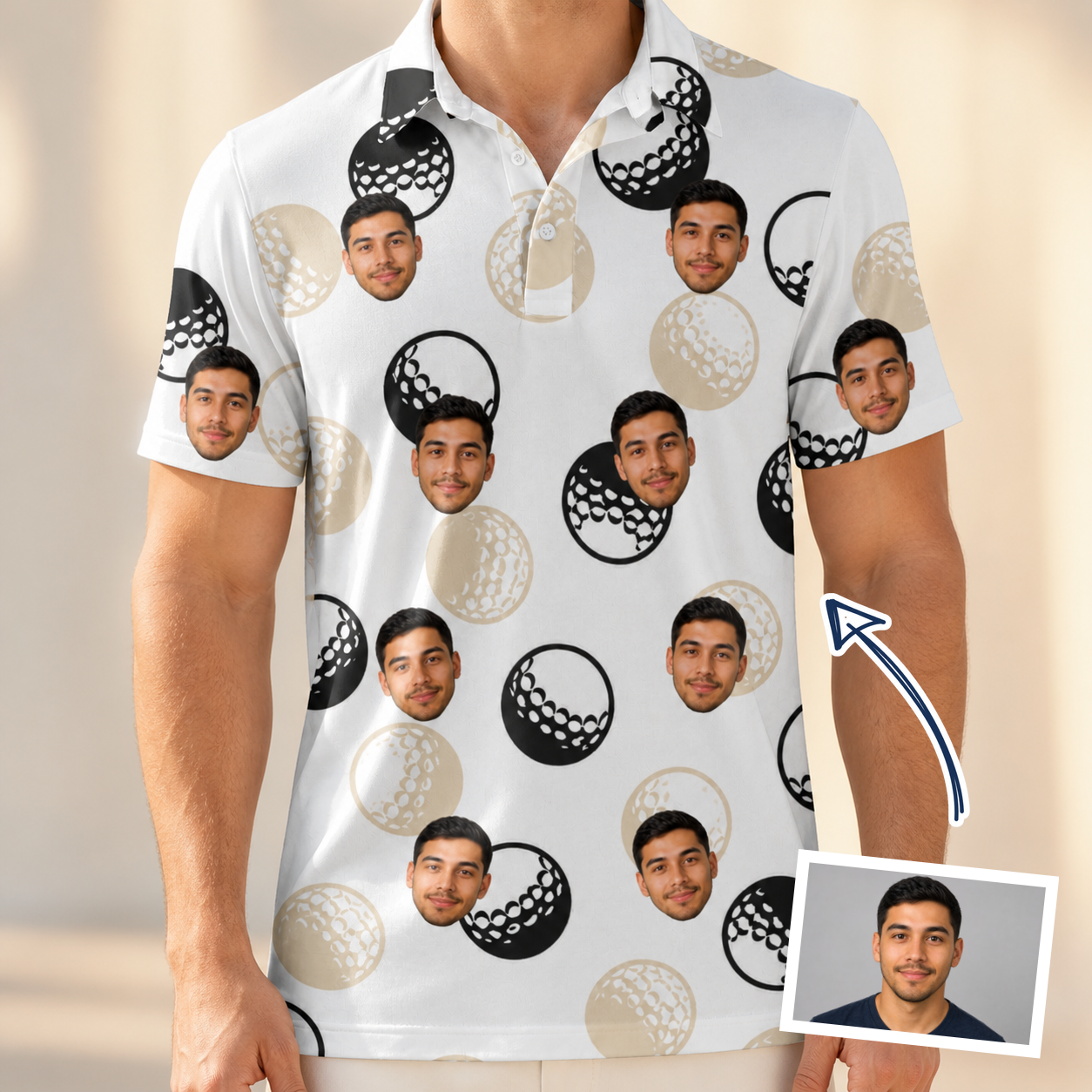 Man wearing Men's Dimple Dash Custom Face Polo Shirt — custom faces printed all-over