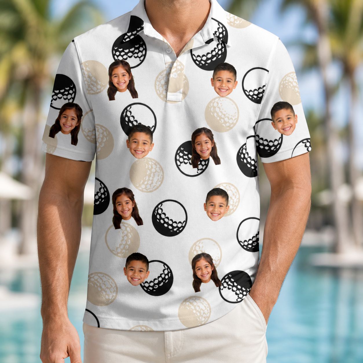 Model wearing Men's Dimple Dash Custom Face Polo Shirt printed with kids' faces