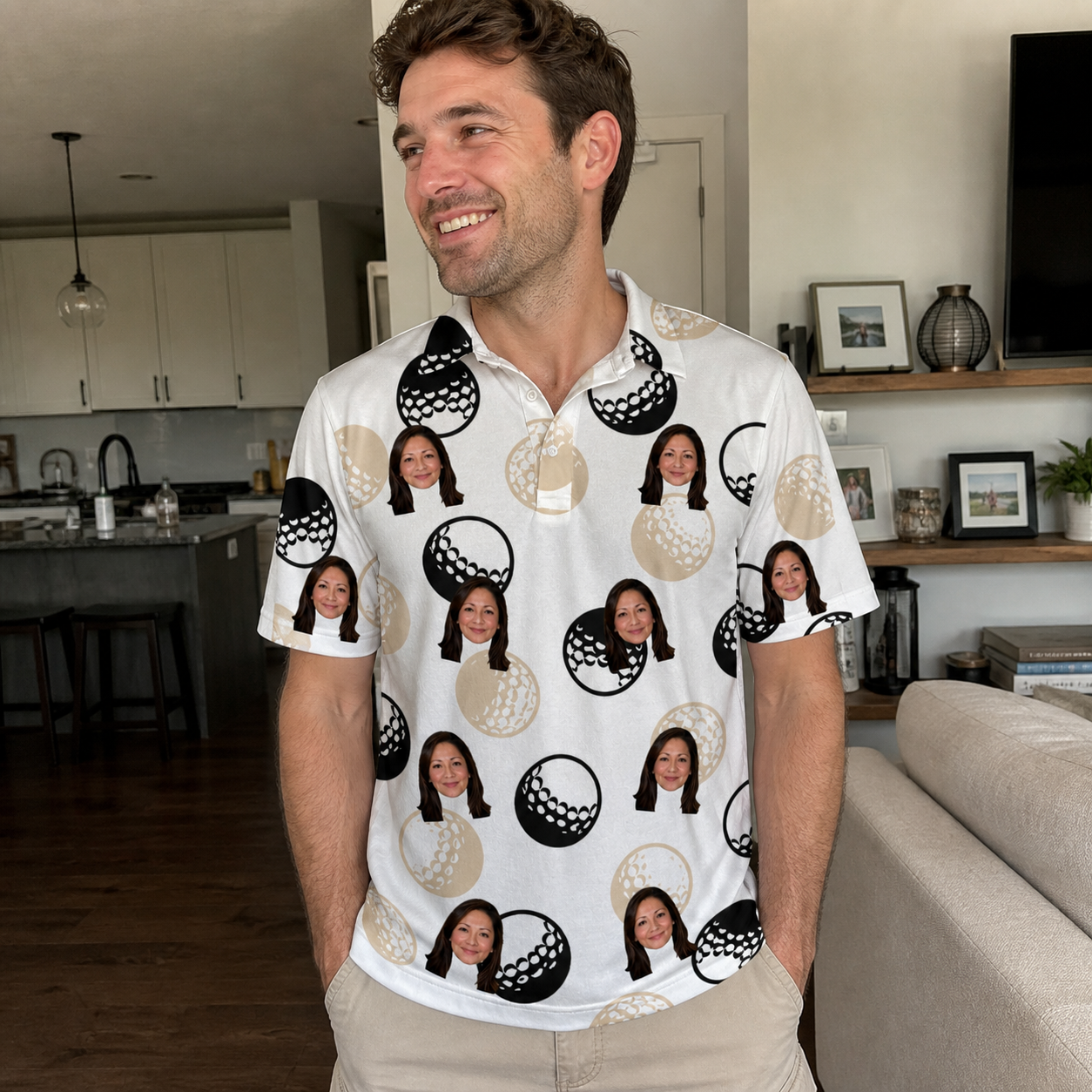 Real-life photo of someone wearing Men's Dimple Dash Custom Face Polo Shirt — custom faces printed all-over