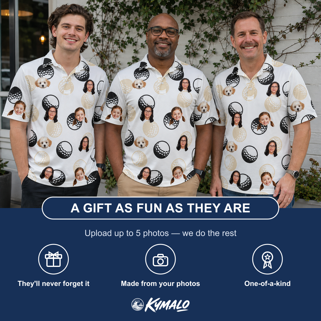Friends in matching Men's Dimple Dash Custom Face Polo Shirt — a group gift photo
