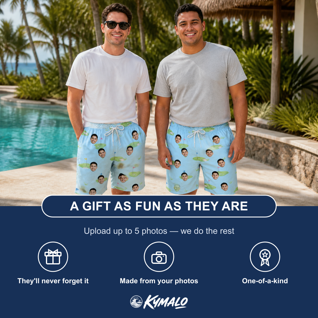 Friends in matching Men's Turf Tactics Custom Face Beach Shorts — a group gift photo