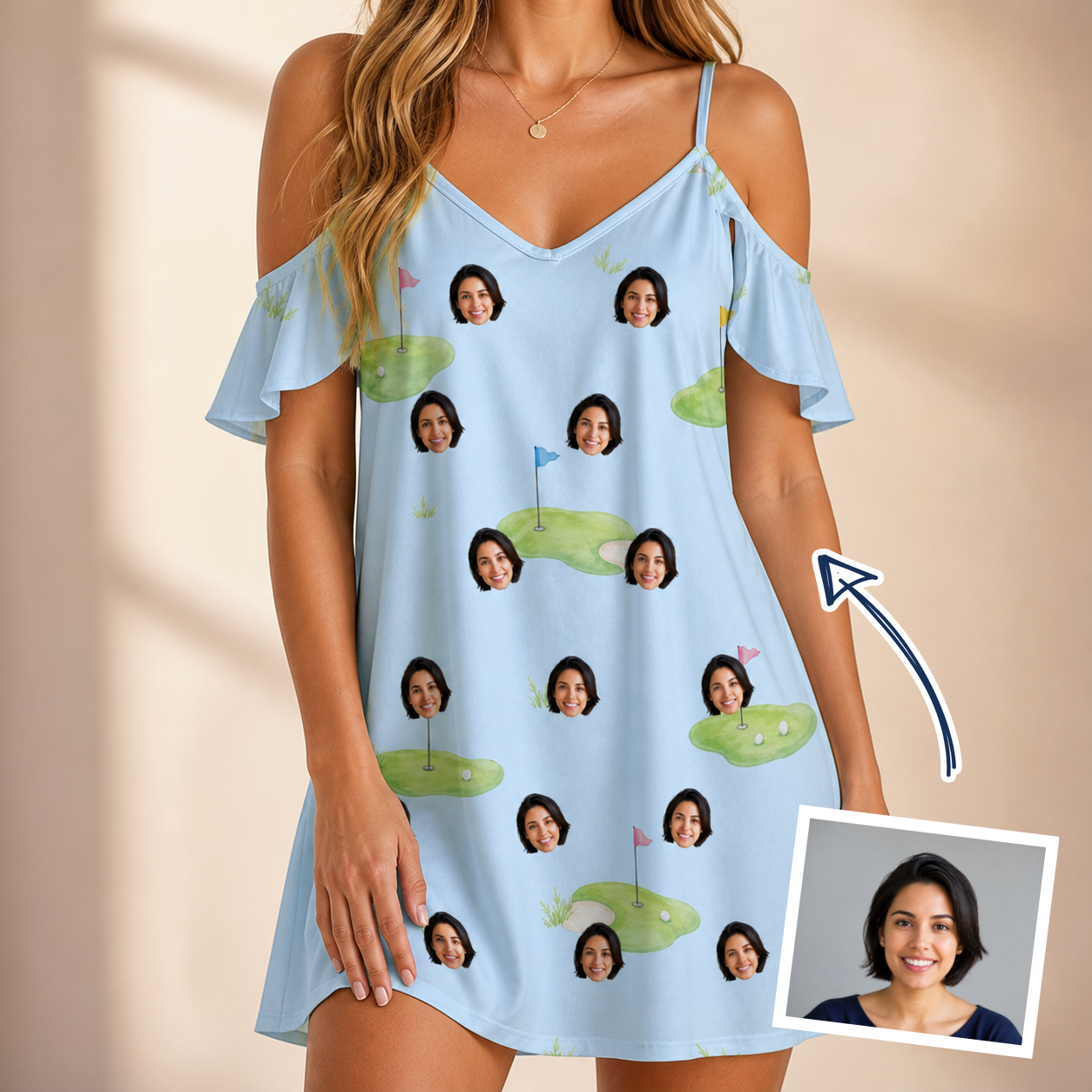 Woman wearing Women's Turf Tactics Custom Face Off-Shoulder Dress — custom faces printed all-over