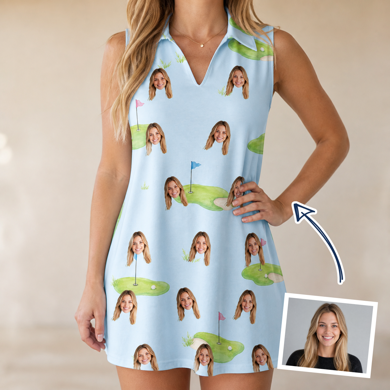 Woman wearing Women's Turf Tactics Custom Face V-Neck Dress — custom faces printed all-over