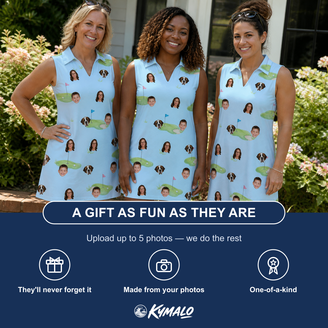 Friends in matching Women's Turf Tactics Custom Face V-Neck Dress — a group gift photo