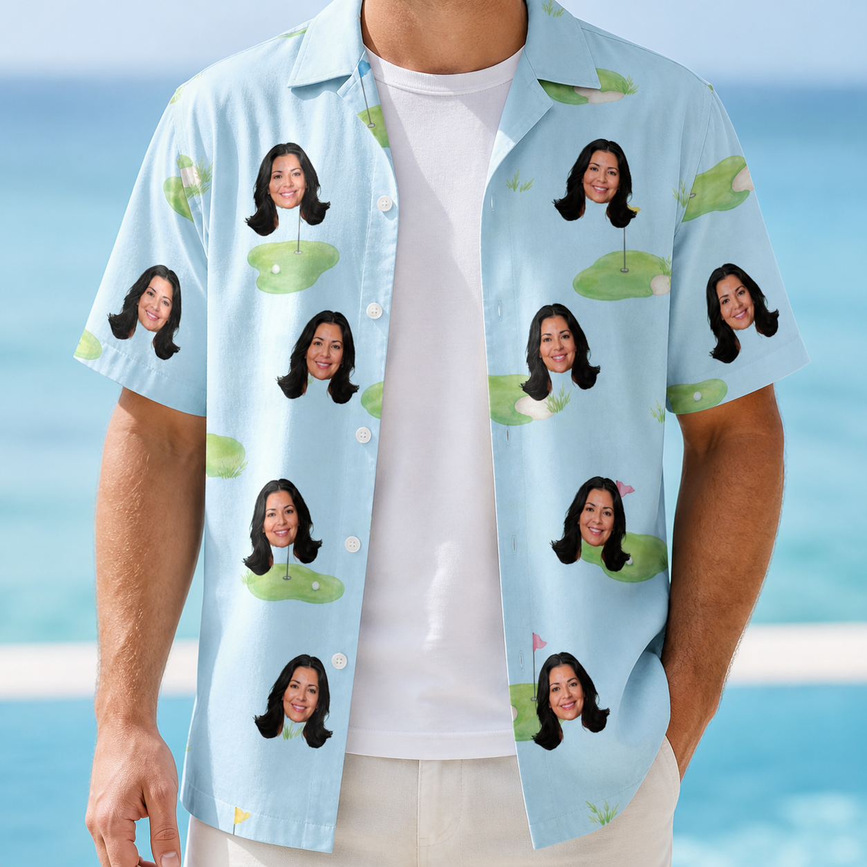 Man wearing Men's Turf Tactics Custom Face Hawaiian Shirt open over a white tee