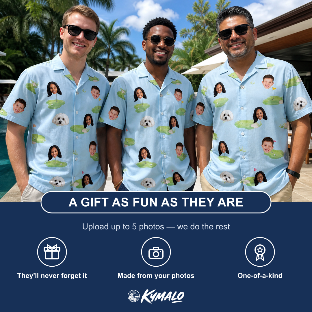 Friends in matching Men's Turf Tactics Custom Face Hawaiian Shirt — a group gift photo