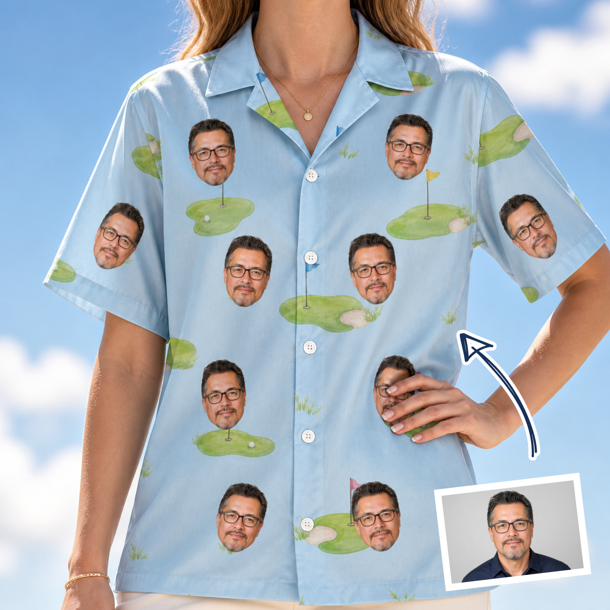 Woman wearing Women's Turf Tactics Custom Face Hawaiian Shirt — custom faces printed all-over