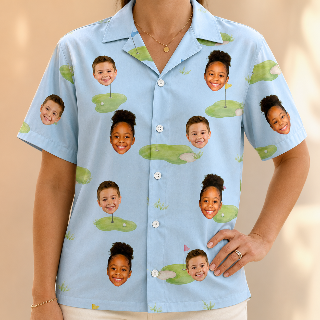 Model wearing Women's Turf Tactics Custom Face Hawaiian Shirt printed with kids' faces