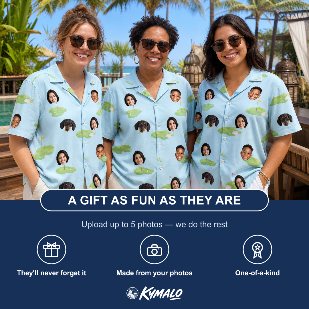 Friends in matching Women's Turf Tactics Custom Face Hawaiian Shirt — a group gift photo
