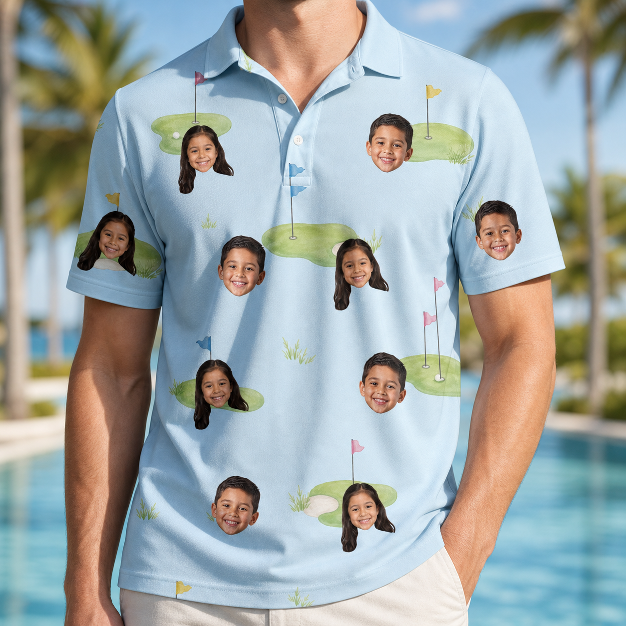 Model wearing Men's Turf Tactics Custom Face Polo Shirt printed with kids' faces