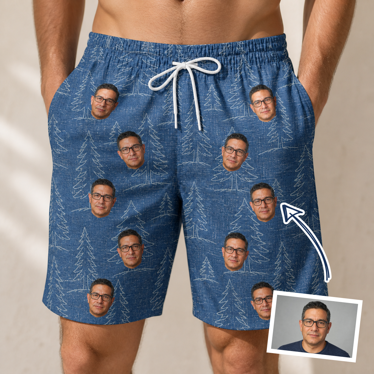 Man wearing Men's Needle Nineteen Custom Face Beach Shorts — custom faces printed all-over