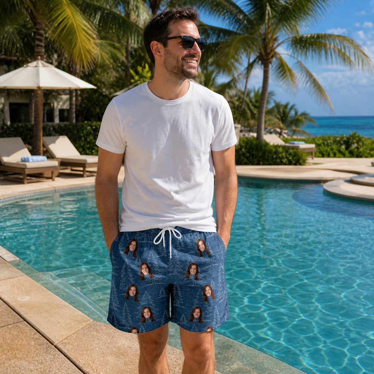 Real-life photo of someone wearing Men's Needle Nineteen Custom Face Beach Shorts — custom faces printed all-over