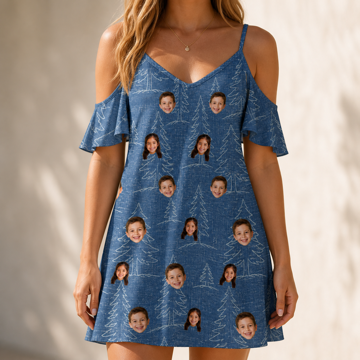 Model wearing Women's Needle Nineteen Custom Face Off-Shoulder Dress printed with kids' faces