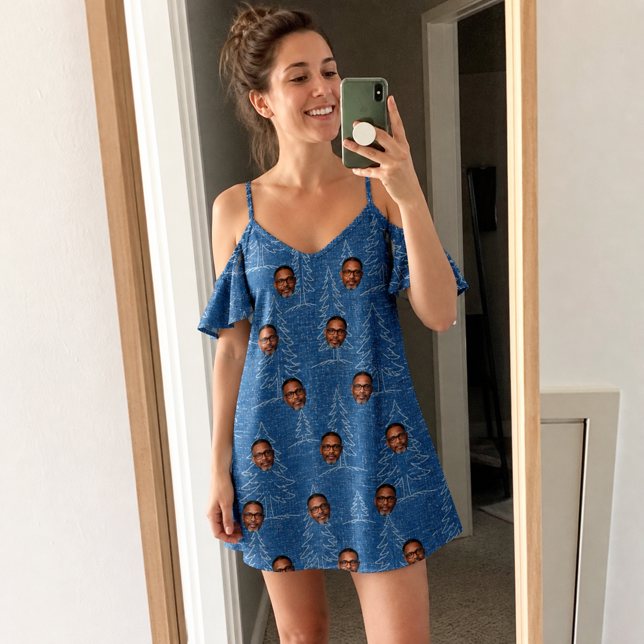 Real-life photo of someone wearing Women's Needle Nineteen Custom Face Off-Shoulder Dress — custom faces printed all-over