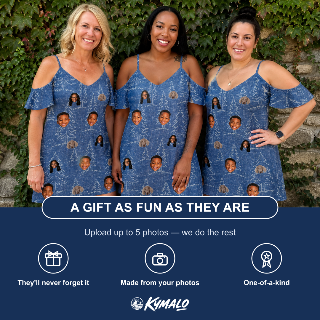 Friends in matching Women's Needle Nineteen Custom Face Off-Shoulder Dress — a group gift photo