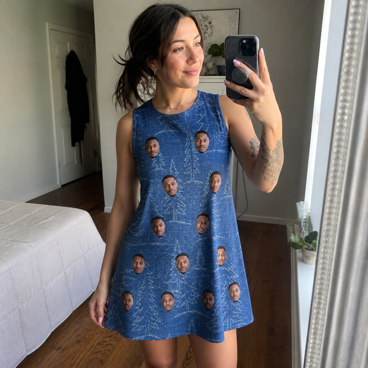 Real-life photo of someone wearing Women's Needle Nineteen Custom Face Tank Dress — custom faces printed all-over
