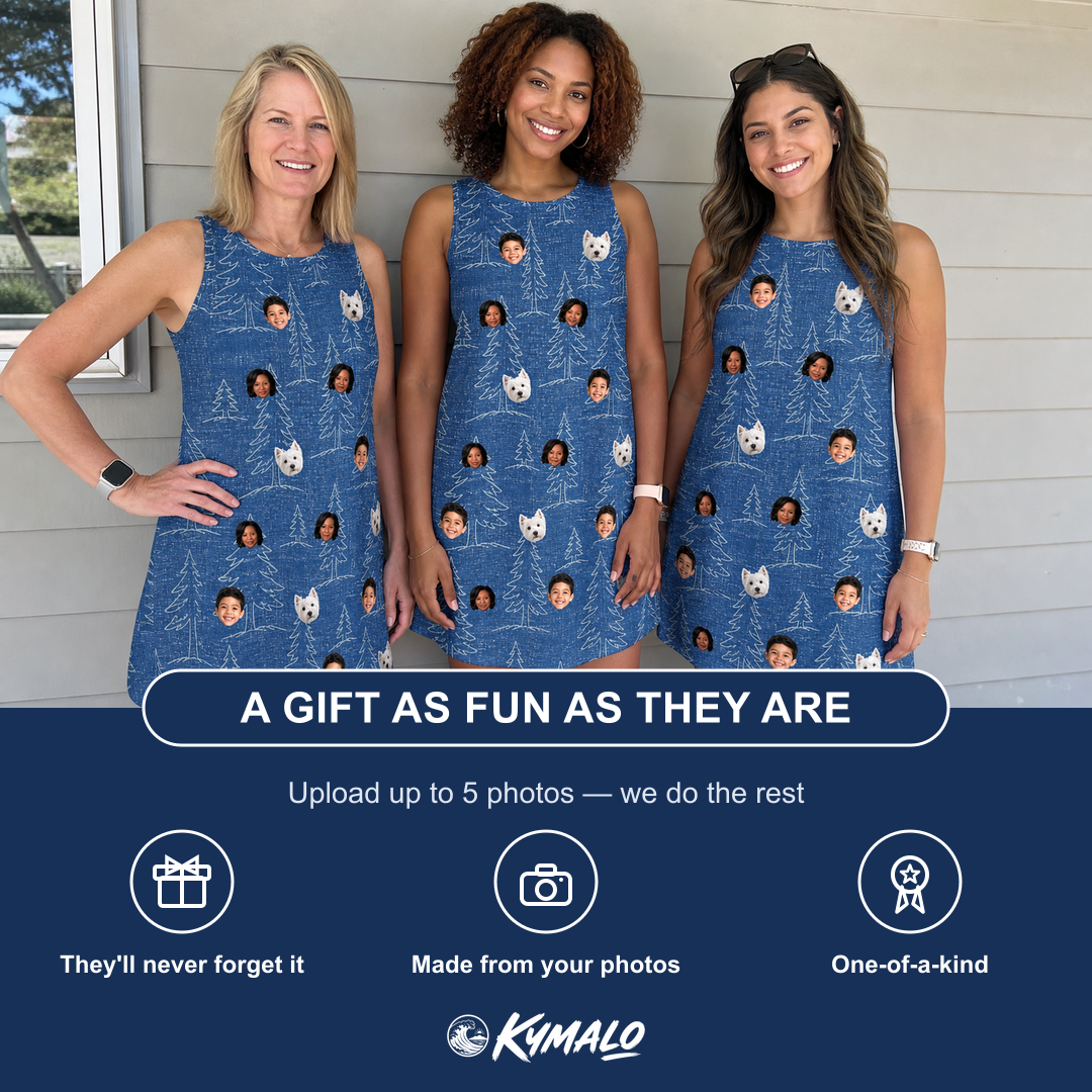 Friends in matching Women's Needle Nineteen Custom Face Tank Dress — a group gift photo