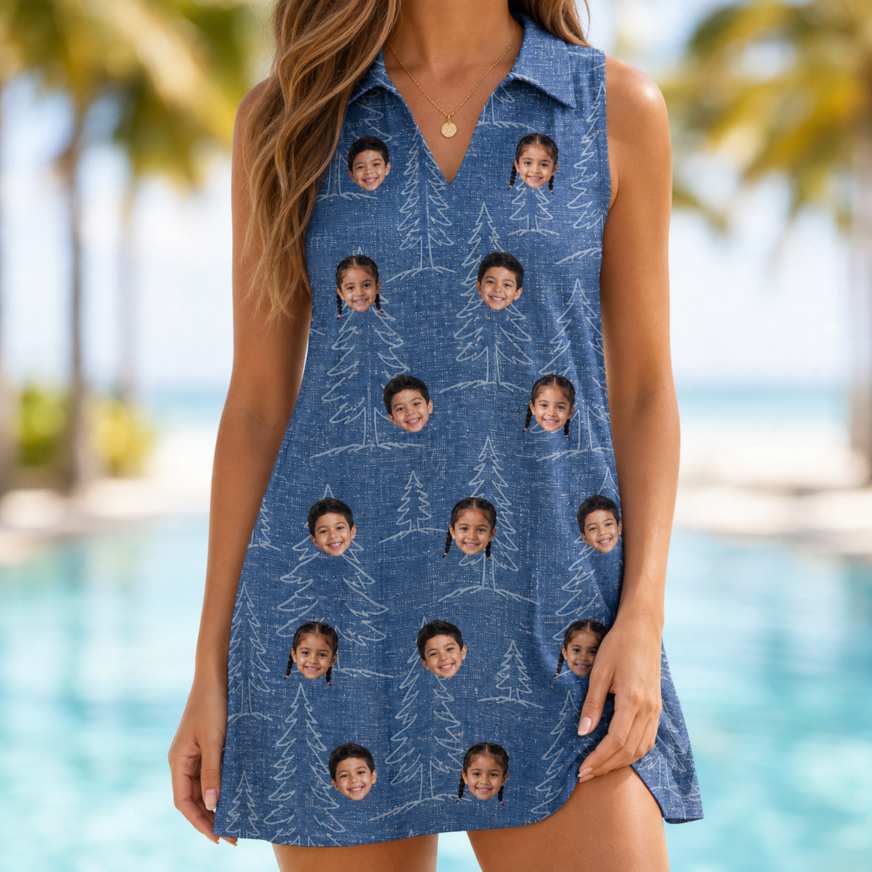 Model wearing Women's Needle Nineteen Custom Face V-Neck Dress printed with kids' faces