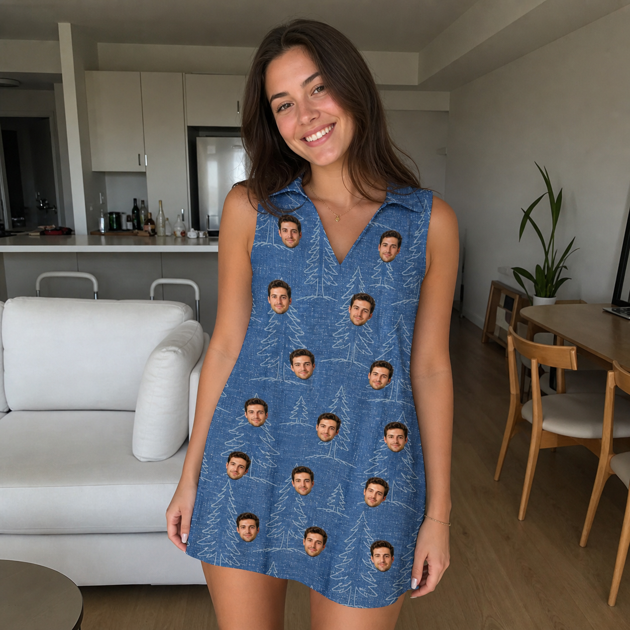 Real-life photo of someone wearing Women's Needle Nineteen Custom Face V-Neck Dress — custom faces printed all-over