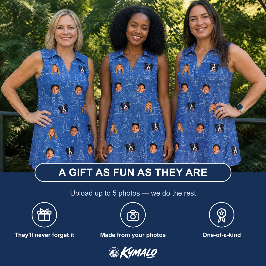 Friends in matching Women's Needle Nineteen Custom Face V-Neck Dress — a group gift photo