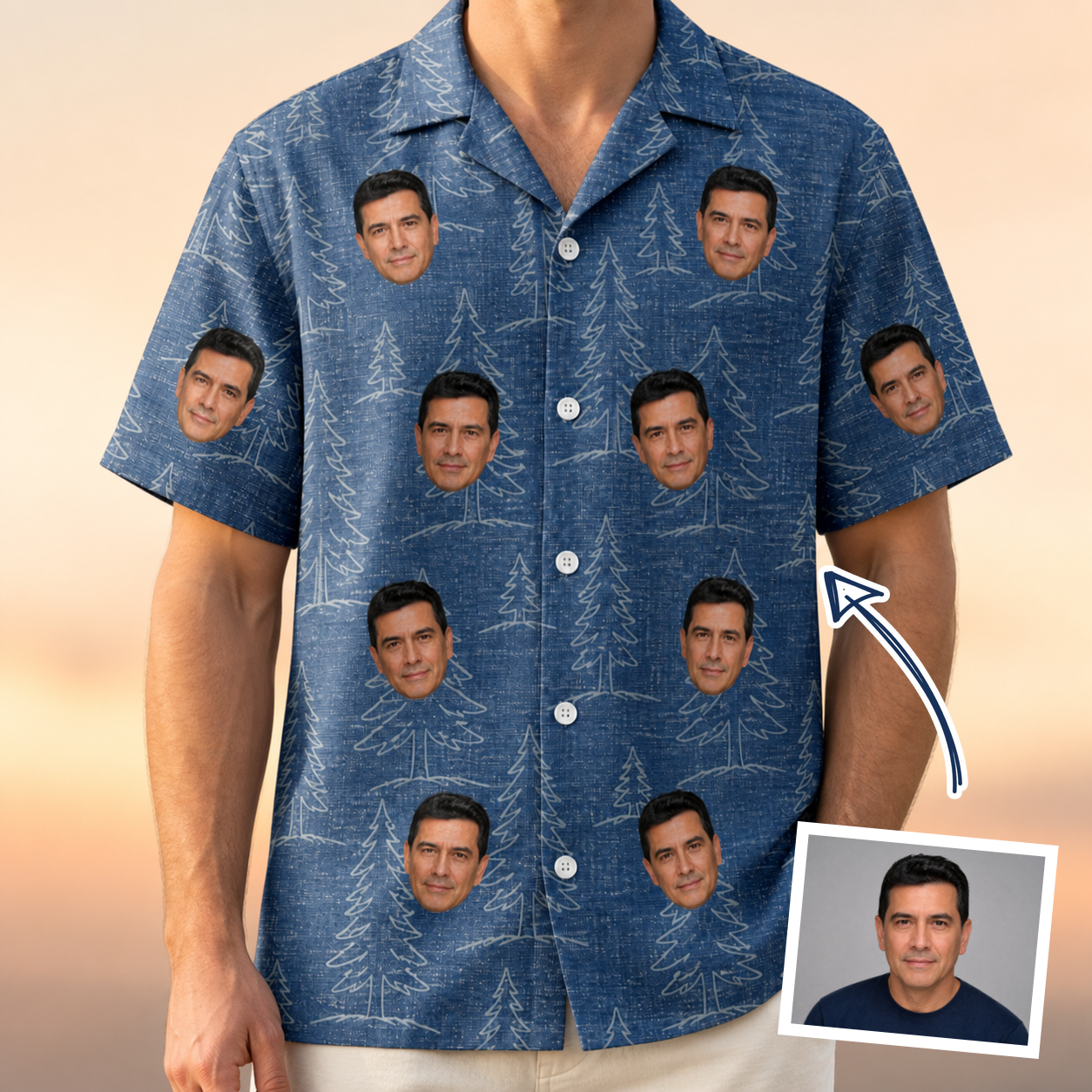 Man wearing Men's Needle Nineteen Custom Face Hawaiian Shirt — custom faces printed all-over