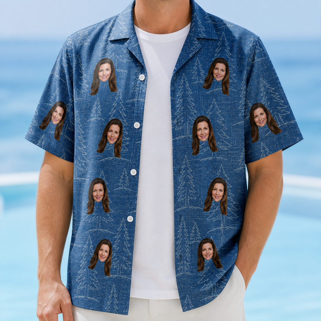 Man wearing Men's Needle Nineteen Custom Face Hawaiian Shirt open over a white tee