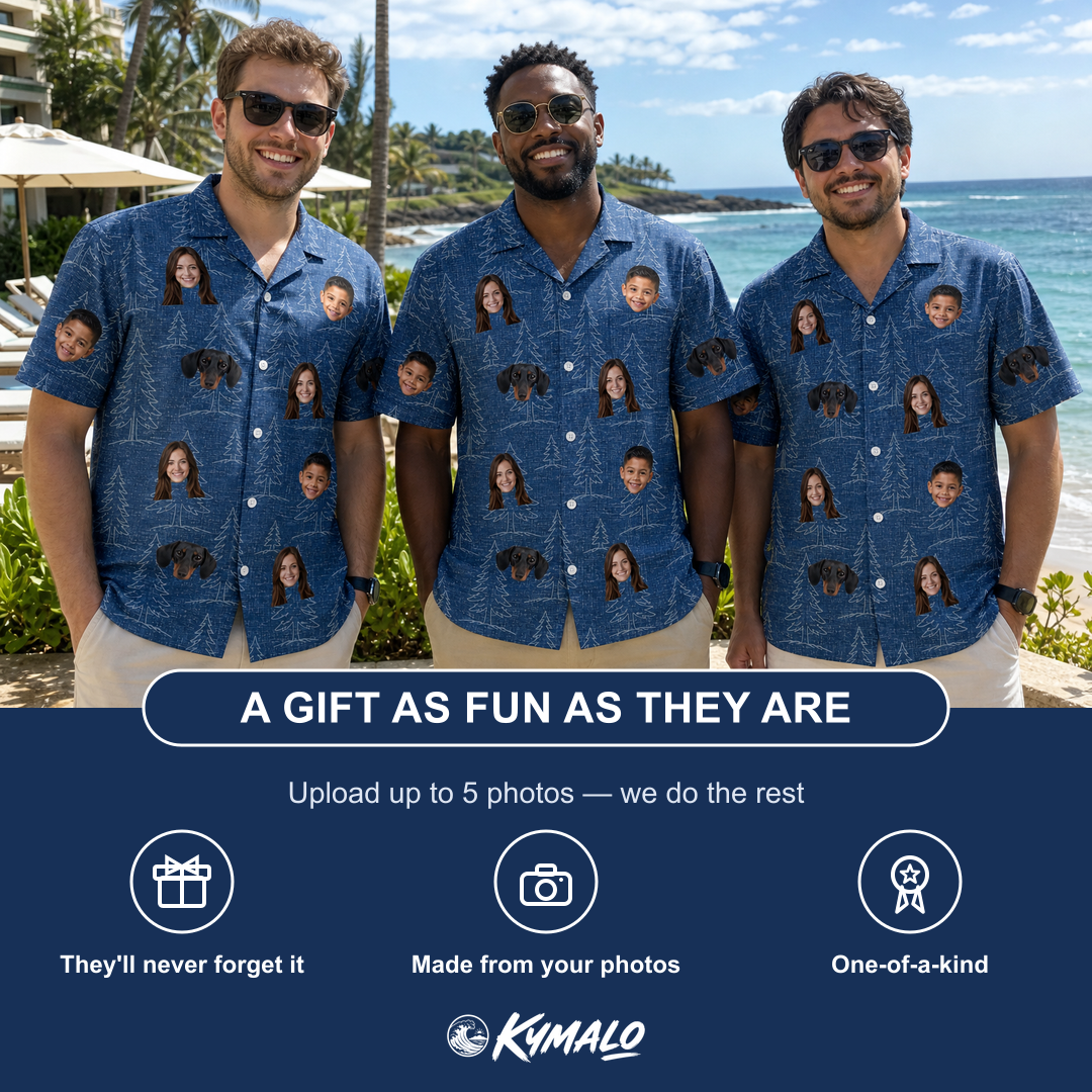 Friends in matching Men's Needle Nineteen Custom Face Hawaiian Shirt — a group gift photo