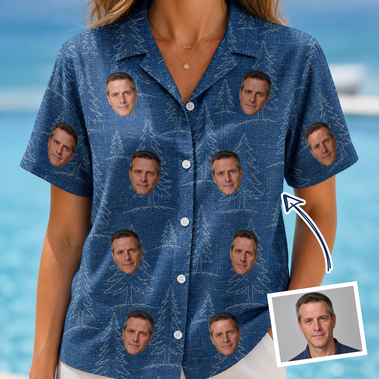 Woman wearing Women's Needle Nineteen Custom Face Hawaiian Shirt — custom faces printed all-over