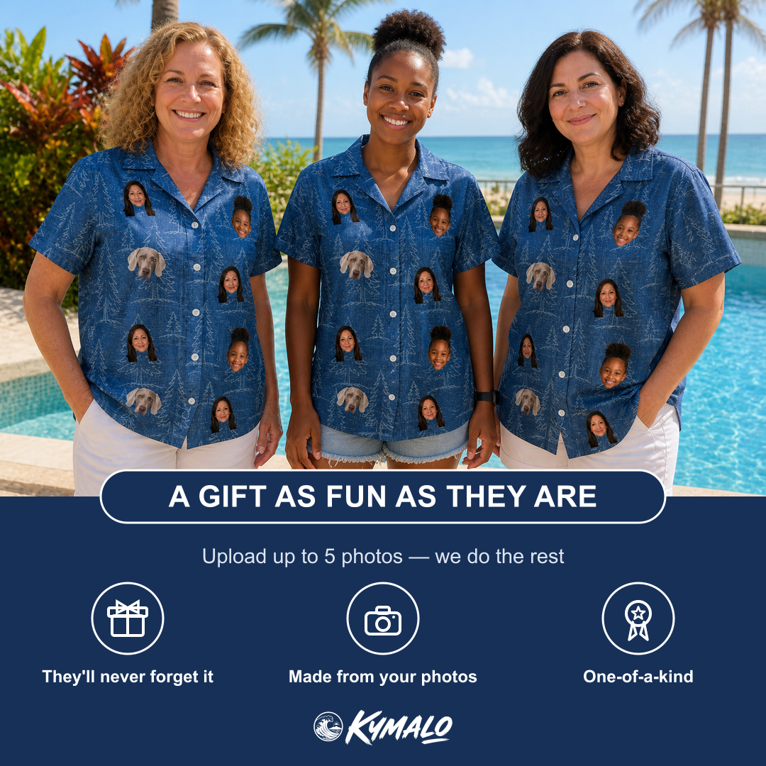 Friends in matching Women's Needle Nineteen Custom Face Hawaiian Shirt — a group gift photo