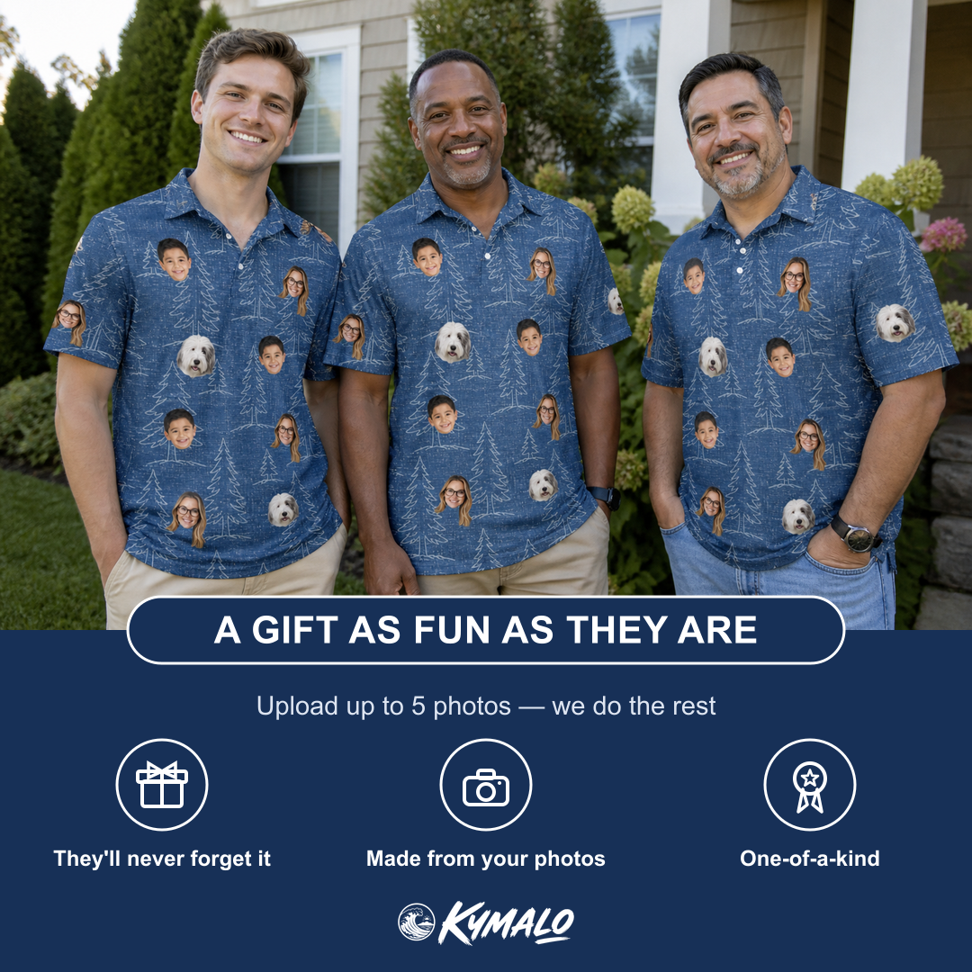 Friends in matching Men's Needle Nineteen Custom Face Polo Shirt — a group gift photo