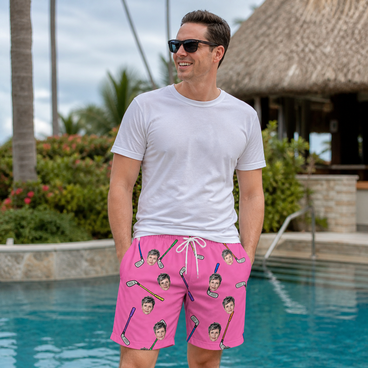 Real-life photo of someone wearing Men's Loft Legends Custom Face Beach Shorts — custom faces printed all-over