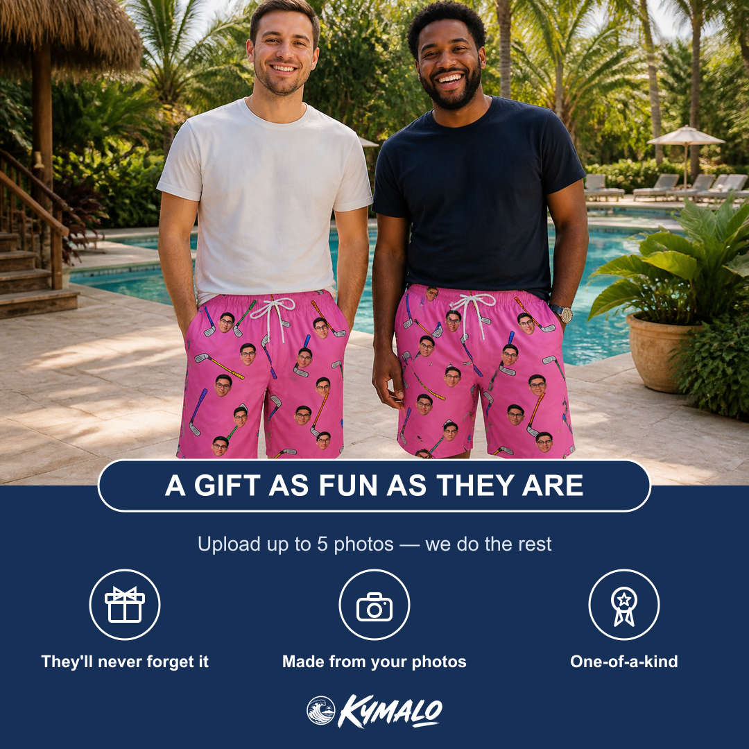 Friends in matching Men's Loft Legends Custom Face Beach Shorts — a group gift photo