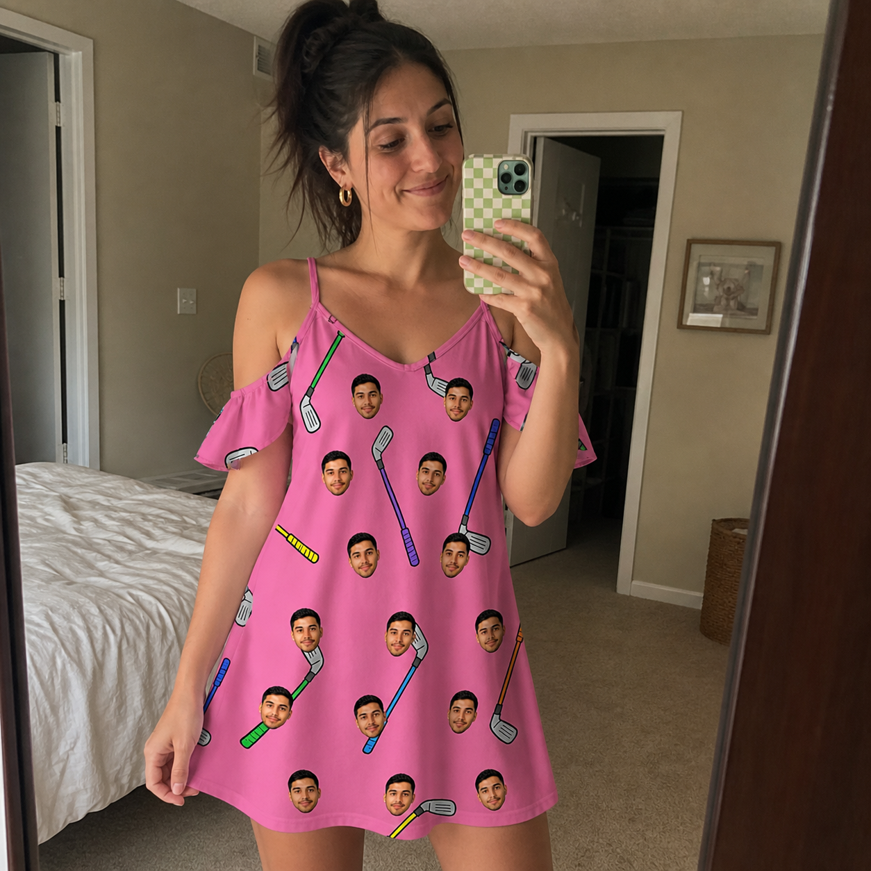 Real-life photo of someone wearing Women's Loft Legends Custom Face Off-Shoulder Dress — custom faces printed all-over