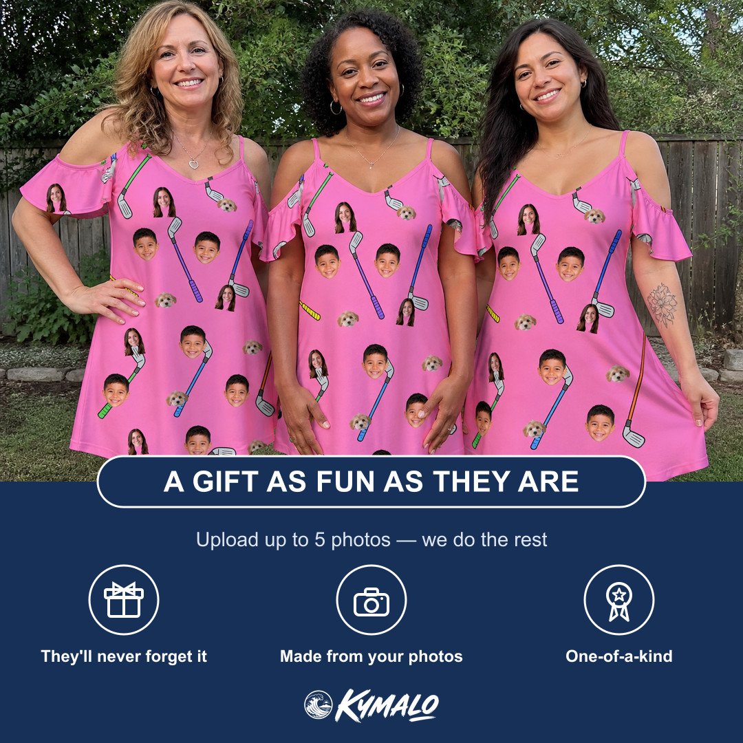 Friends in matching Women's Loft Legends Custom Face Off-Shoulder Dress — a group gift photo