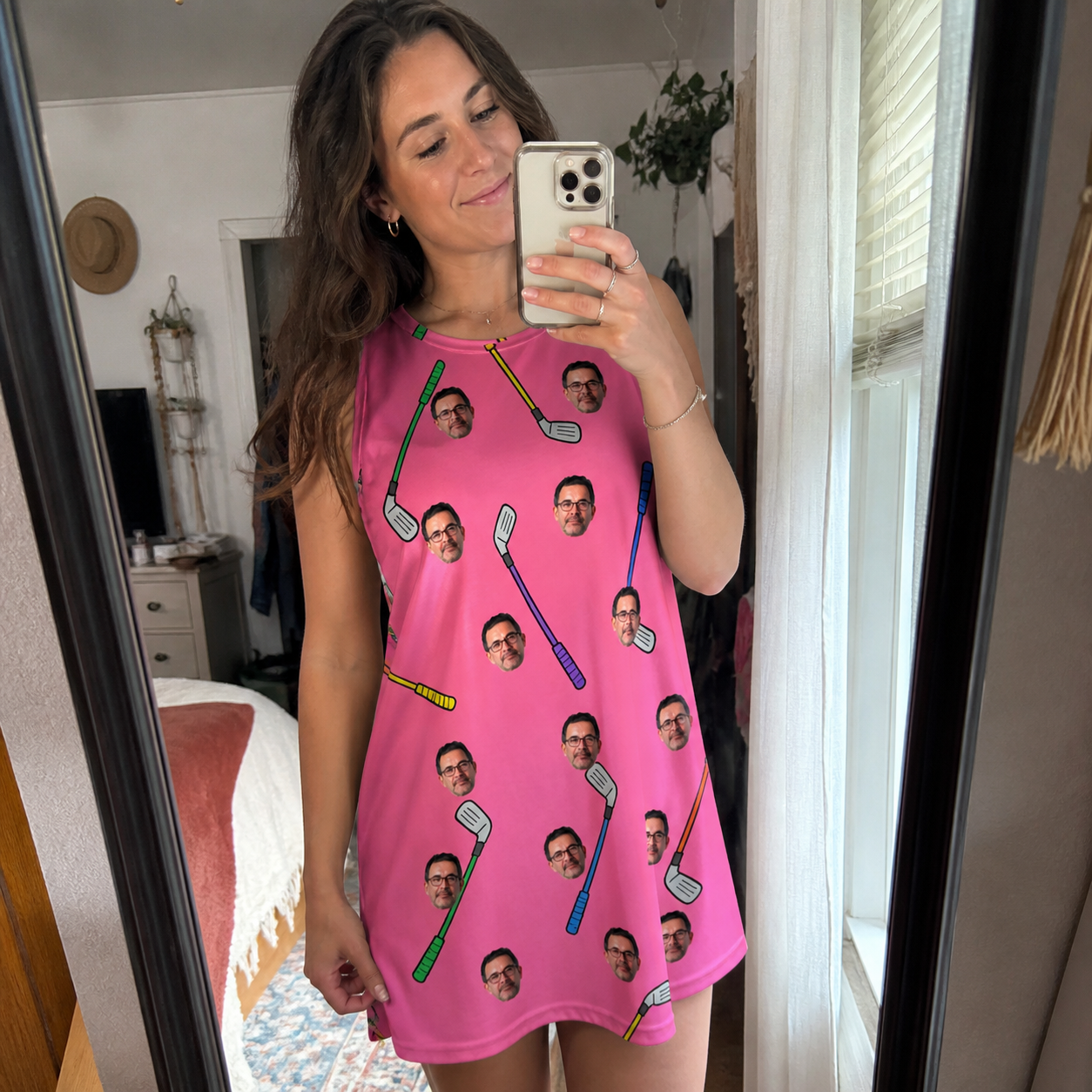 Real-life photo of someone wearing Women's Loft Legends Custom Face Tank Dress — custom faces printed all-over