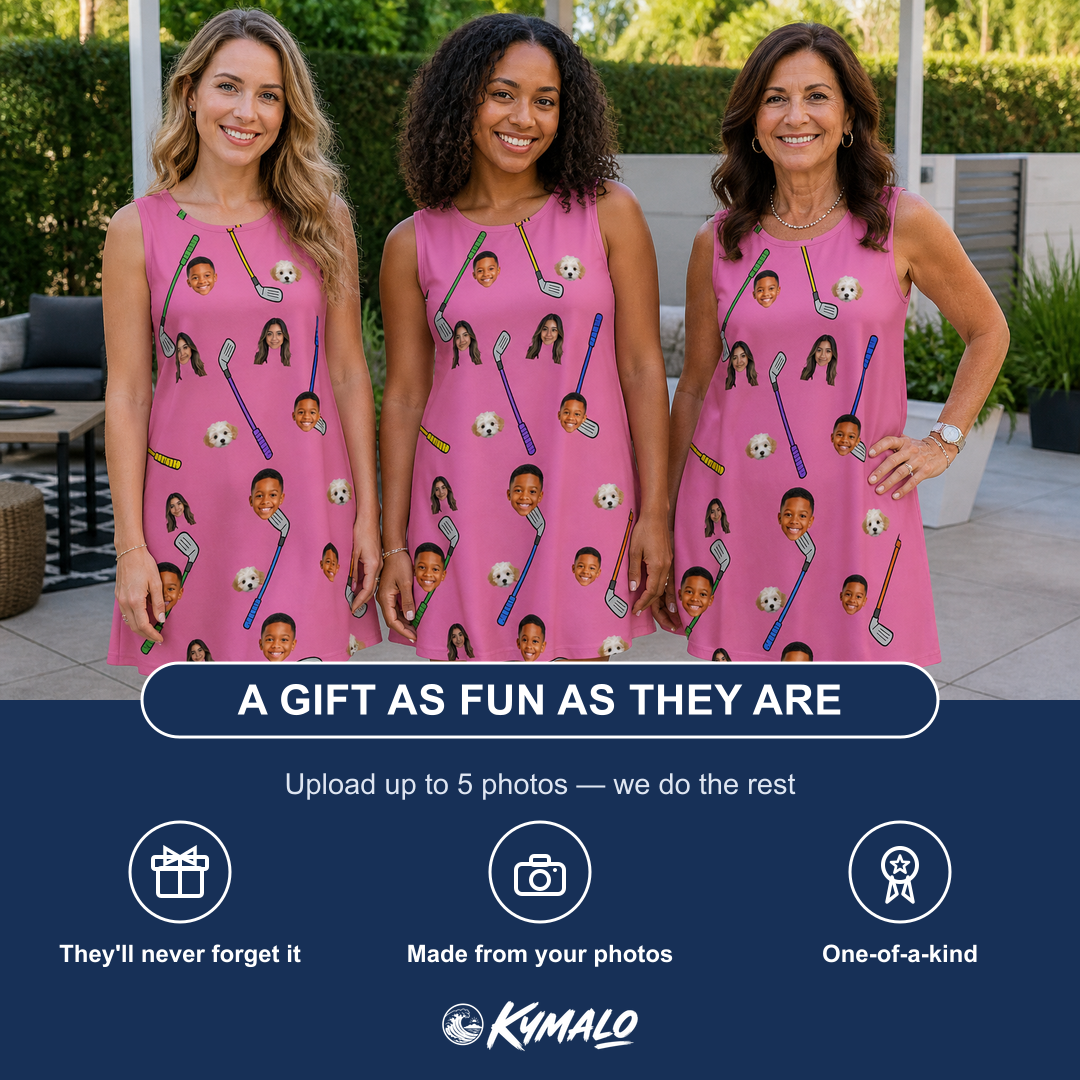 Friends in matching Women's Loft Legends Custom Face Tank Dress — a group gift photo