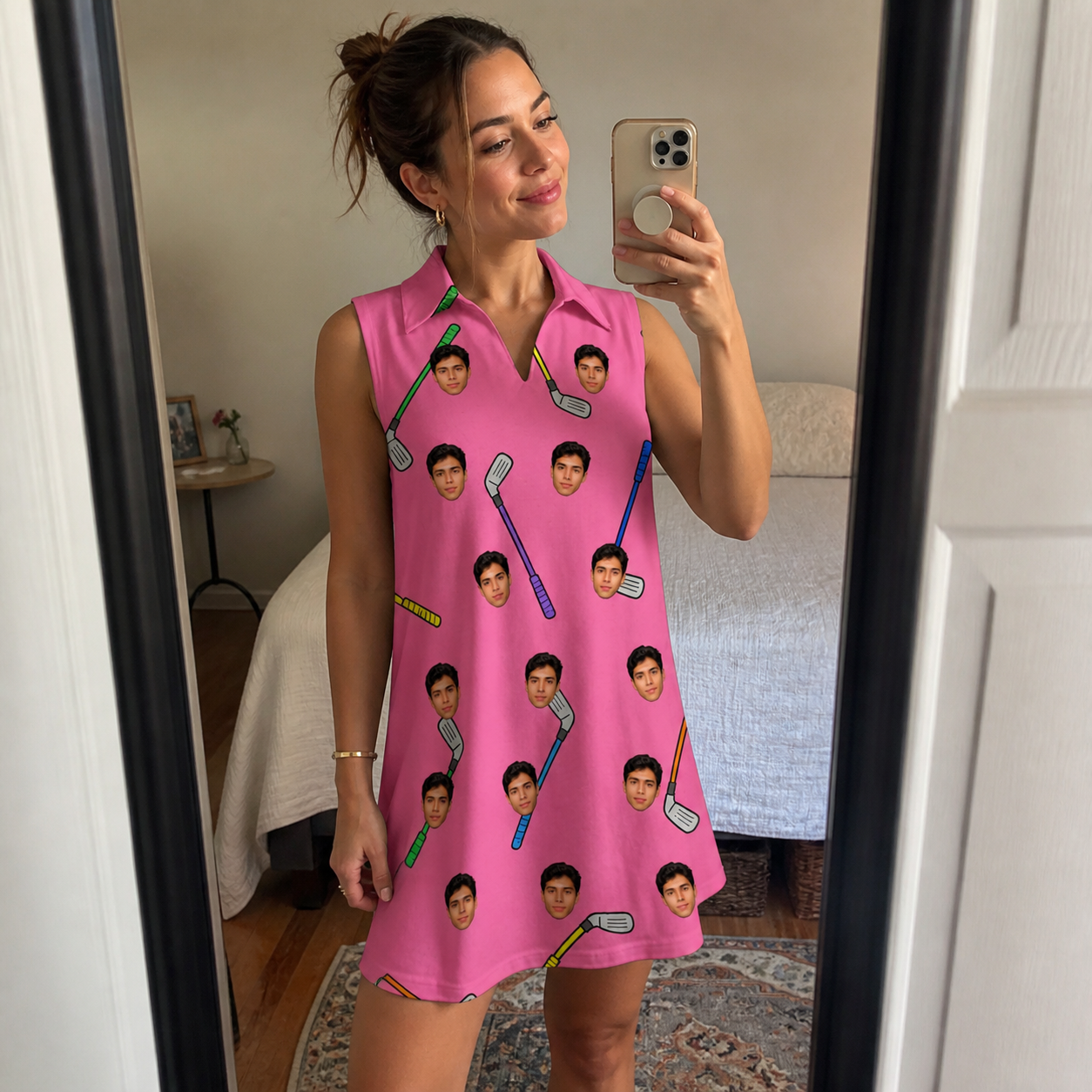 Real-life photo of someone wearing Women's Loft Legends Custom Face V-Neck Dress — custom faces printed all-over