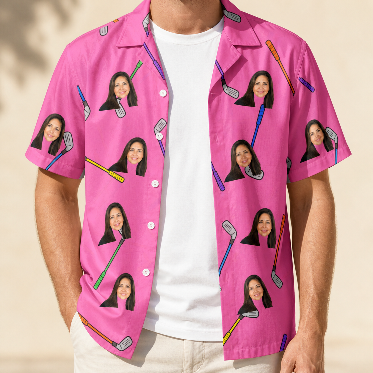 Man wearing Men's Loft Legends Custom Face Hawaiian Shirt open over a white tee