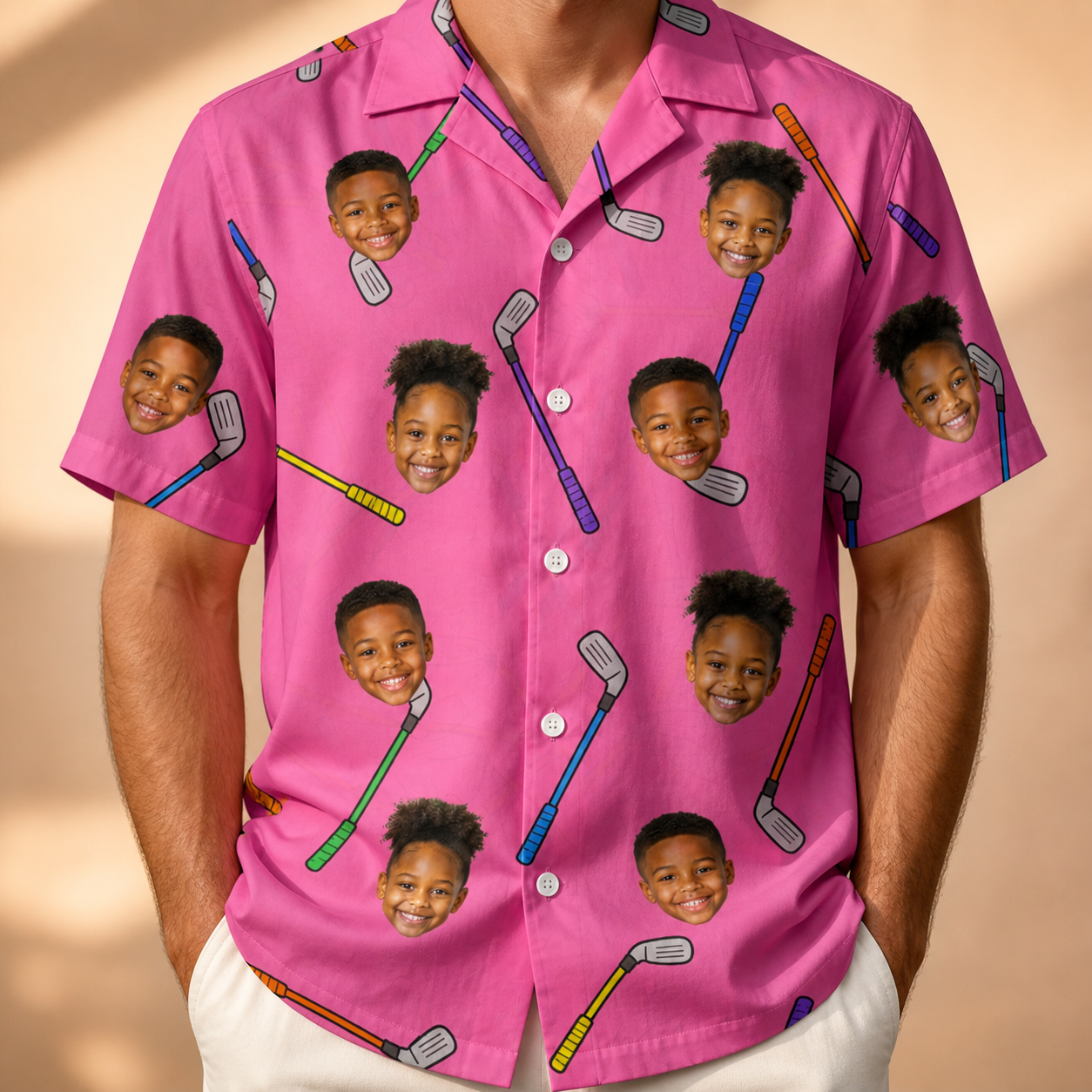 Model wearing Men's Loft Legends Custom Face Hawaiian Shirt printed with kids' faces